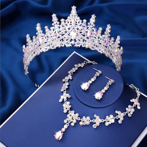 Crystal Crown and Tiara Jewelry Set for Women Bride with Necklace Earrings | Metal Rhinestone Royal Queen Princess Jewelry Set Wedding Quinceanera Pageant Prom Birthday Halloween Party Costume Gift - color: Silver AB