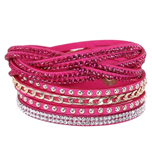 Long tiantian Leather Wrap Bracelets for Women Boho Multi Layered Bracelets Western Jewelry Hot Pink Accessories Birthday Gifts - color: 2287 hotpink
