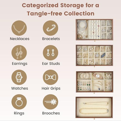 Wooden Jewelry Box for Women, 5-Layer Jewelry Organizers and Storage with 5 Drawers & Velvet Trays, Large Earring Holder, Necklace Ring Travel Case, Gift Box for Drawer, Wood - size: 5-Layer