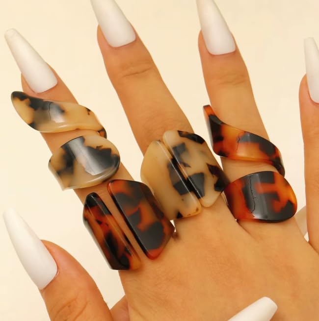 XAM Acrylic Tortoiseshell Pattern Rings - Geometric Irregular Caramel Color Open-Back Statement Elegant Jewelry - color: C