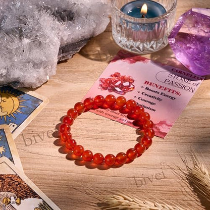 Bivei 8mm Beaded Bracelets for Women Handmade Semi Precious Natural Stone Stretch Elastic Jewelry Yoga Protection Gifts - color: Carnelian - Passion, size: Medium 6.8-7.3 inch