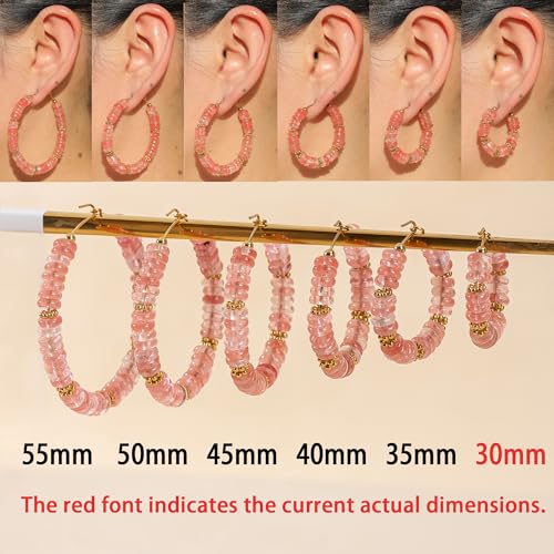 Wellike Beaded Hoop Earrings for Women Natural Stone Pink Gold Huggie Earrings Hypoallergenic Dainty Waterproof Trendy Jewelry - color: Rose Pink, size: 30mm