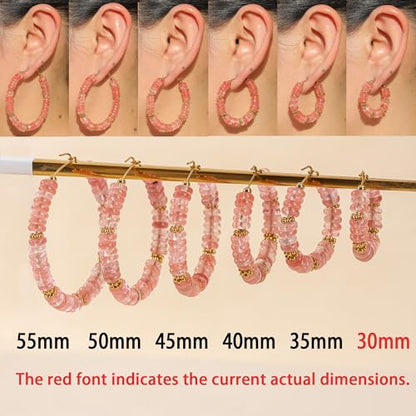 Wellike Beaded Hoop Earrings for Women Natural Stone Pink Gold Huggie Earrings Hypoallergenic Dainty Waterproof Trendy Jewelry - color: Rose Pink, size: 30mm