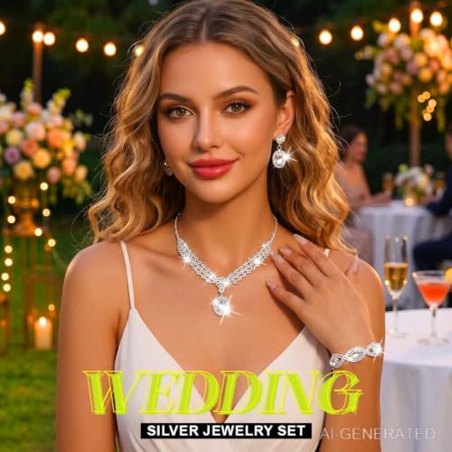 Silver Rhinestone Jewelry Sets Wedding Necklace Set for Women | Bridal Necklace Earrings Bracelet,Sparkly Crystal Prom Costume 3Pcs