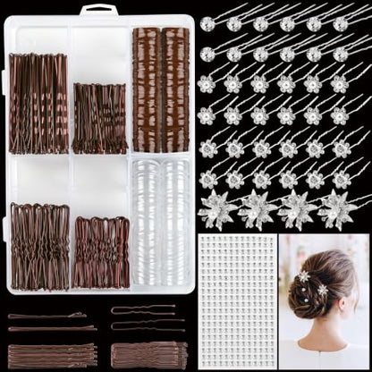 700 PCS Bride Hair Styling Kit, Hair Pins Set for Women Girls w/Storage Box | 100 U-Pins, 100 Bobby Pins Brown, 200 Hair Elastics, 40 Bridal Hair Pins Crystal Flowers, 1 Reinstone Sticker(6mm, 260pieces)
