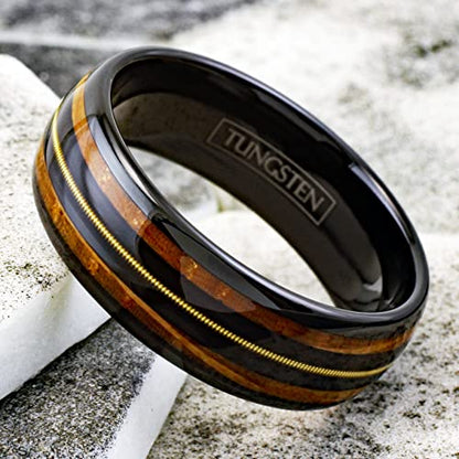 Personalized Engraved 8mm Piano Black Tungsten Carbide Low Dome Band Ring with Genuine Guitar String on Black Between Whiskey Barrel Oak Wood Inlays.