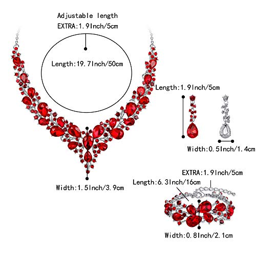 Wedding Bridal Jewelry Set for Women Bride Bridesmaids | Gorgeous Austrian Crystal Teardrop Cluster Statement Necklace Dangle Earrings Link Bracelet Set Prom Jewellery - color: 03-Ruby Color Silver-Tone