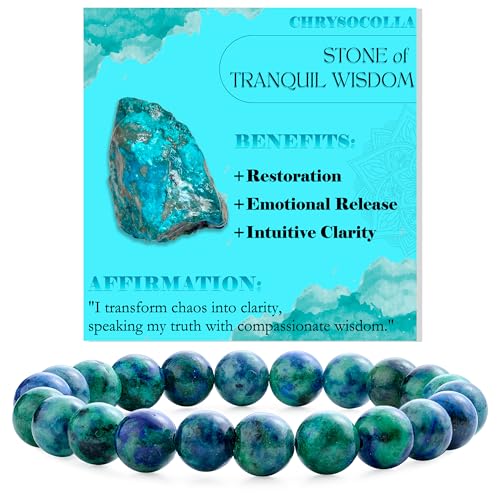 Bivei 8mm Beaded Bracelets for Women Handmade Semi Precious Natural Stone Stretch Elastic Jewelry Yoga Protection Gifts - color: Chrysocolla-Gentle Expression, size: Medium 6.8-7.3 inch
