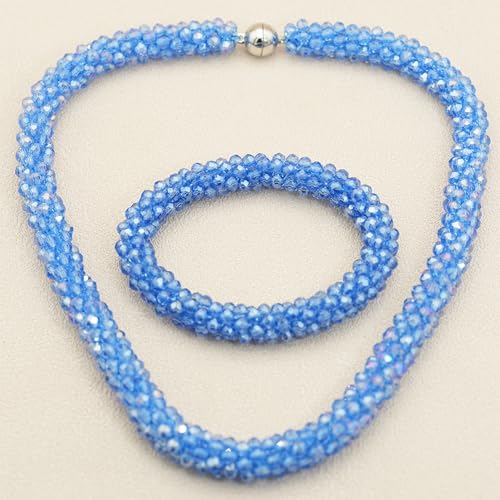 Hand Knotted Beads Statement Necklace Bracelet Jewelry Set Artificial Crystal Choker for Women- Handmade Beaded Strand Sparkly Faceted Crystal Rondelle-17inches, 30 Colors - color: Blue AB Set