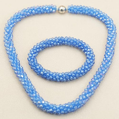 Hand Knotted Beads Statement Necklace Bracelet Jewelry Set Artificial Crystal Choker for Women- Handmade Beaded Strand Sparkly Faceted Crystal Rondelle-17inches, 30 Colors - color: Blue AB Set