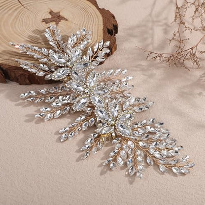 Teyglen Large Full Rhinestone Headband Flower Crystal Bride Wedding Headband Hair Vine Bridal Rhinestone Headpiece Wedding Hair Accessories for Women Party Prom (Golden) - color: Golden