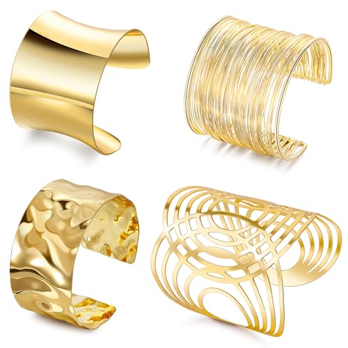 4Pcs Chunky Gold Cuff Bracelects for Women Gold Bangles Irregular Minimalist Statement Bangle Bracelets Set Open Wide Bangle Upper Arm Cuff Jewelry - color: Gold-D
