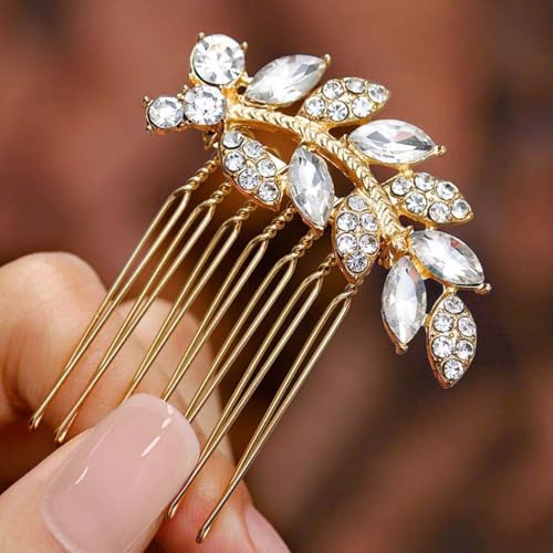 Foyte Crystal Bride Wedding Hair Comb Leaf Bridal Headpieces Rhinestone Hair Pieces Bridesmaid Side Combs Hair Accessories for Women (gold leaf) - color: gold leaf
