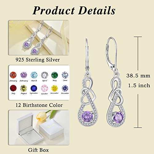 Dangle Drop Earrings for Women 925 Sterling Silver Heart Infinity Leverback Earrings Birthstone Jewelry Gifts for Women Wife Girlfriend Mother Daughter Her - color: 02 February - Amethyst