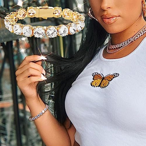 10MM Cubic Zirconia Tennis Bracelet 14K Gold Plated 5A+ Cubic Zirconia Iced Out Tennis Bracelet Spring buckle Bracelet For Men And Women - color: Gold, size: 7