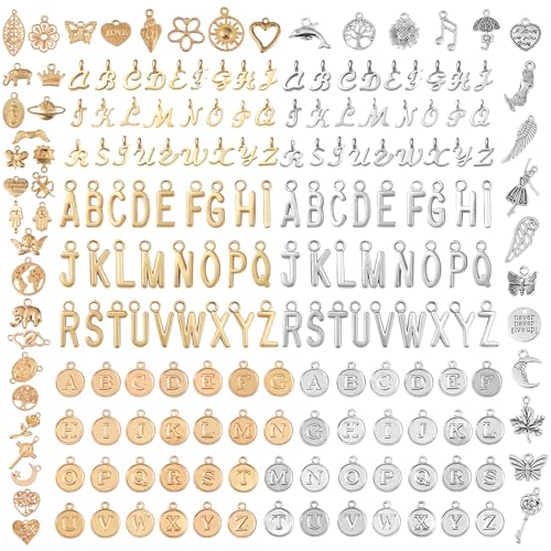 402 Pcs Gold & Silver Charms for Jewelry Making | Includes 156 Letter Initial, 46 Charms & 200 Jump Rings for Keychains, Bracelets, Necklaces, Earrings, DIY Crafts - color: Gold Charm & Sliver Charm-402P
