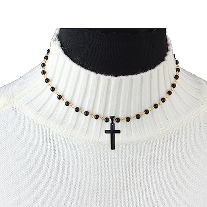 Small Dainty Cross Necklace Pendant Bohemian Turquoise Seed Bead Beaded Necklace Choker for Women Men Faith Jewelry Gift - color: 06 Black