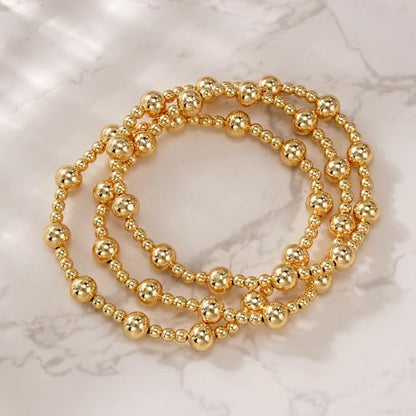 14K Gold Plated Beaded 3Pcs Stack Bracelets for Women, Dainty Trendy Freshwater Stackable Pearl Paperclip Cross Chain Gold Balls Stretch Accessories Jewelry Vacation Gift - color: gold