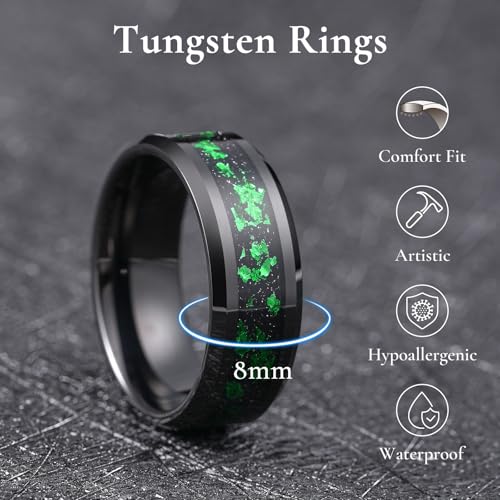 King Will Mens Wedding Band with Foils Inlay, Black/Silver/Gold | Black, 6mm/8mm, Beveled Edge, Comfort Fit, Glowstone Ring, Everyday Wear - color: Black&Green-8mm