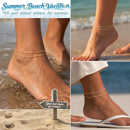 Dainty Gold Ankle Bracelets for Women Waterproof | Non Tarnish 14K Gold Plated Beaded Anklets, Layered Summer Beach Jewelry Gifts, Bikini Outfits for Vacation