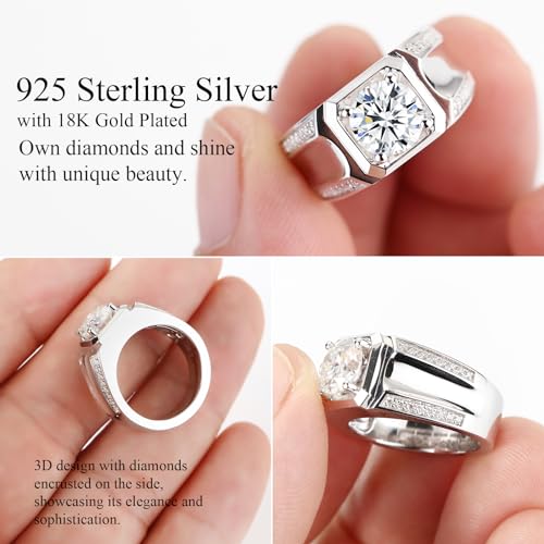 Mens Moissanite Wedding Bands, D Color VVS1 Moissanite Sterling Silver Plated 18K White Gold,Round Wedding Anniversary Band Ring for Men‘s Gift - style: 2.2CTTW