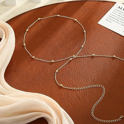 14K Gold Waist Chain for Women, Plated Layered Belly Chain for The Waist Adjustable Waterproof Sexy Bikini Satellite Beads Chain Summer Non Tarnish Body Chain Jewelry Gifts for Women - color: SINGLE