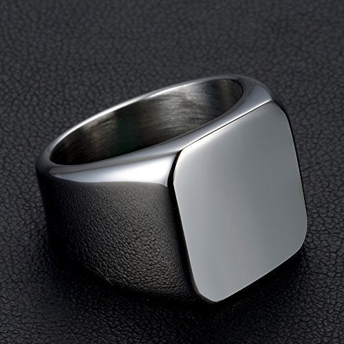 Stainless Steel Signet Ring for Men Solid Square Biker Rings Matte Brushed/Polished Finish - color: Polished, Silver