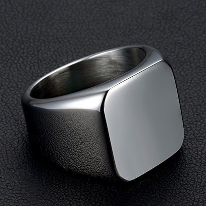 Stainless Steel Signet Ring for Men Solid Square Biker Rings Matte Brushed/Polished Finish - color: Polished, Silver