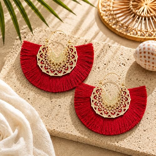 Tassel Hoop Earring Statement Thread Dangle Earrings Stylish Long Fringe Drop Earrings Lightweight Long Swingy French Hook Earrings for Women - color: A Red