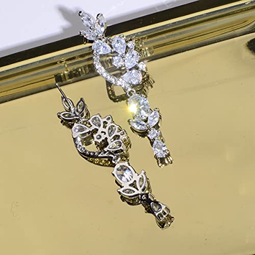 CZ Bridal Earrings for Wedding - 14k Plated Sterling Silver Elegant Teardrop Cubic Zirconia Crystal Rhinestone Floarl Leaf Cluster Chandelier Statement Dangle Drop Earrings for Bride Bridesmaids Party - color: Floral - Silver