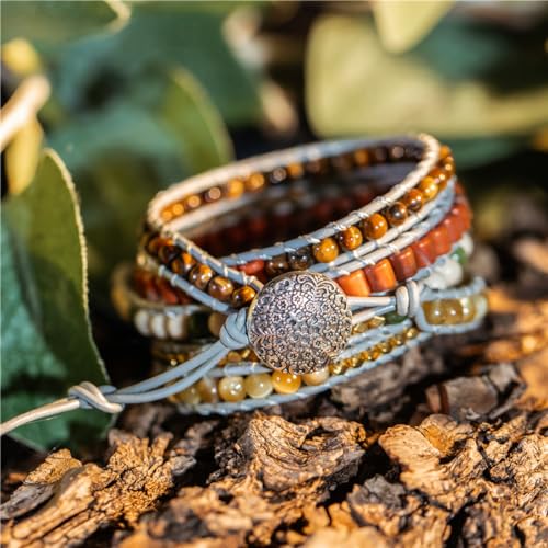 YGLINE Boho Handmade Wrap Leather Tube Crystal Stone Bracelet for Women - color: Fossil-5w