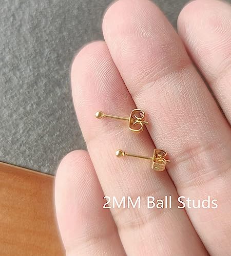 6Pairs 2mm/3mm Surgical Steel Hypoallergenic Piercing Studs, 20G 14K Real Gold Filled Tiny Stud Earrings Set for Multiple Hole Piercing (Cubic Zirconia, Pearl, Ball) - style: K : 2MM, Gold Ball + Cubic Zirconia, 6 Pairs