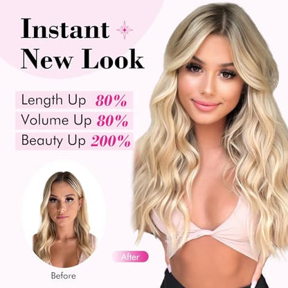 REECHO Blonde Hair Extensions, 20” Single Piece Clip in Hair Extensions Thick Long Beach Wavy Natural Soft Synthetic Hairpieces for Women, Cool Light Blonde - color: Cool Light Blonde - Wavy, size: 20 Inch (Pack of 1)