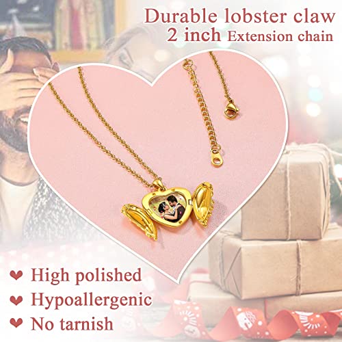 FindChic Locket Necklace for Women Custom Photo Memorial Gifts 4 Colors | Silver/Black/Rose Gold/Gold Plated Personalized for Loved Ones, Birthday Valentine's Day Keepsake - style: 02. Angel Wing 2-Gold