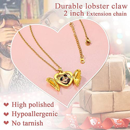 FindChic Locket Necklace for Women Custom Photo Memorial Gifts 4 Colors | Silver/Black/Rose Gold/Gold Plated Personalized for Loved Ones, Birthday Valentine's Day Keepsake - style: 02. Angel Wing 2-Gold