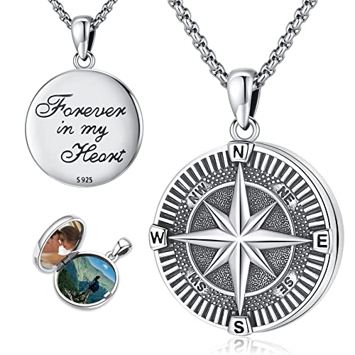 Compass Necklace for Women Men 925 Sterling Silver Pendant Urn Necklaces for Ashes Picture Locket Necklace Anchor Necklace Viking Necklace Crystals CZ Moonstone Abalone Shell Turquoise Compass Jewelry - color: Q-L-Compass Picture Locket, style: Locket