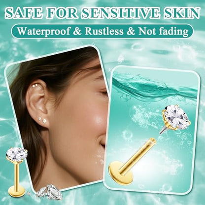 4 Pairs 16G 18G Flat Back Stud Earrings, Hypoallergenic Surgical Steel Set | CZ 2-5mm, internal thread design for nose and tragus piercings use, includes ball grabber tool for easy jewelry changes - color: 18G CZ 2/3/4/5mm Gold