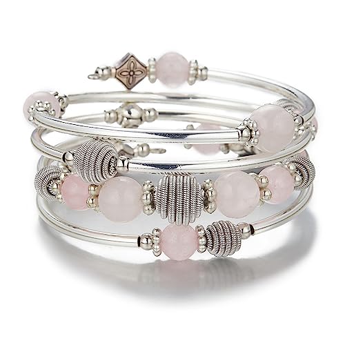 PEARL&CLUB Beaded Chakra Bangle Turquoise Bracelet - Fashion Jewelry Wrap Bracelet with Thick Silver Metal and Mala Beads, Birthday Gifts For Women - color: Pink crystal