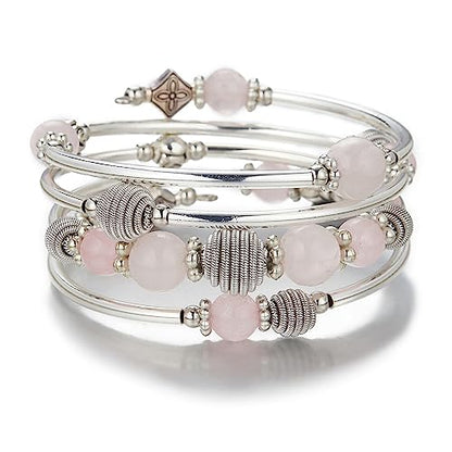PEARL&CLUB Beaded Chakra Bangle Turquoise Bracelet - Fashion Jewelry Wrap Bracelet with Thick Silver Metal and Mala Beads, Birthday Gifts For Women - color: Pink crystal