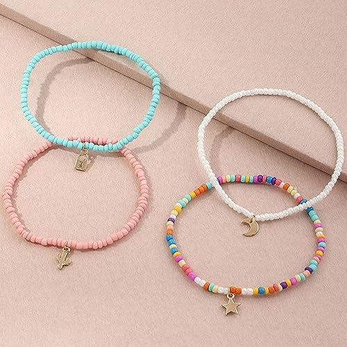Handmade Multilayered Rainbow Colorful Beads Link Chain Moon Star Butterfly Pendant Choker Necklace Friendship Creative Beach Costume Jewelry for Women - color: bracelet