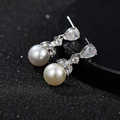 SWEETV Cubic Zirconia Pearl Drop Wedding Earrings for Brides, Ivory Bridal Pearl Earrings for Bridesmaid Jewelry Gift - color: 01.Style 1