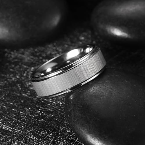 King Will Classic Tungsten Carbide Ring Brushed Two Grooved Center Hammered Design Mens Wedding Band for Men | Black/Silver/Gold, 8mm, Men's Wedding Band, Grooved, Comfort Fit, Everyday Wear - color: C-Silver Horizon Brushed