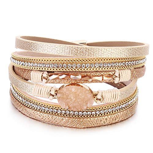 Boho Chunky Leather Wrap Bracelets Stackable Beaded Western Country Jewelry | Crystal Bead Trendy Layered Cuff Magnetic Clasp Stack Bohemian Statement Costume Outfits Cowgirl Fashion Hippie Accessories - color: Cream, size: 14.7"