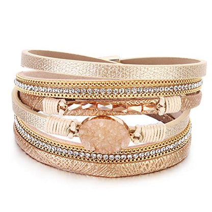 Boho Chunky Leather Wrap Bracelets Stackable Beaded Western Country Jewelry | Crystal Bead Trendy Layered Cuff Magnetic Clasp Stack Bohemian Statement Costume Outfits Cowgirl Fashion Hippie Accessories - color: Cream, size: 14.7"
