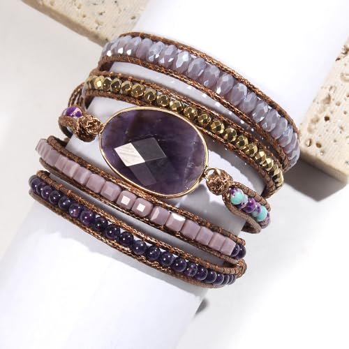 Women Wrap Bracelet Boho Natural Jasper Crystal Stone Beads Strand Bracelets - color: Style 08-Amethyst