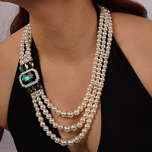 Aimimier 1920s 3-layered White Faux Pearl Necklace and Earrings Set with Crystal and Rhinestone Bridal Long Pearl Necklace Statement Women Jewelry - color: Emerald