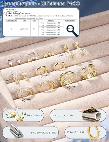 ADRAMATA Hypoallergenic Gold Earrings Stack for Women - 7Pairs Surgical Steel Small Chunky Huggie Hoops & Flat Back Stud Earrings Set Silver Cartilage Jewelry Trendy Christmas Gifts - style: Stylish - Gold