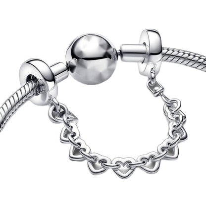 Love Heart Safety Chain Charm 925 Sterling Silver Pendant,Jewelry Beads Gifts for Women Bracelet&Necklace