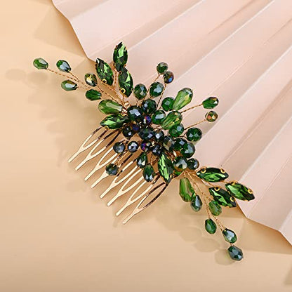 Teyglen Rhinestone Wedding Headpieces Bridal Green Crystal Hair Comb Hair Accessories for Bride Handmade Red Black Blue Hair Pieces for Women Girls(Green) - color: Green