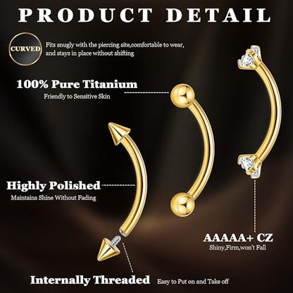 6PCS 16G G23 Titanium Eyebrow Piercing Jewelry for Women Curved Barbell Tiny Eyebrow Ring Vertical Labret Belly Lip Tongue Ring Internally Threaded Rook Tragus Daith Earring 6/8/10mm - color: Gold B